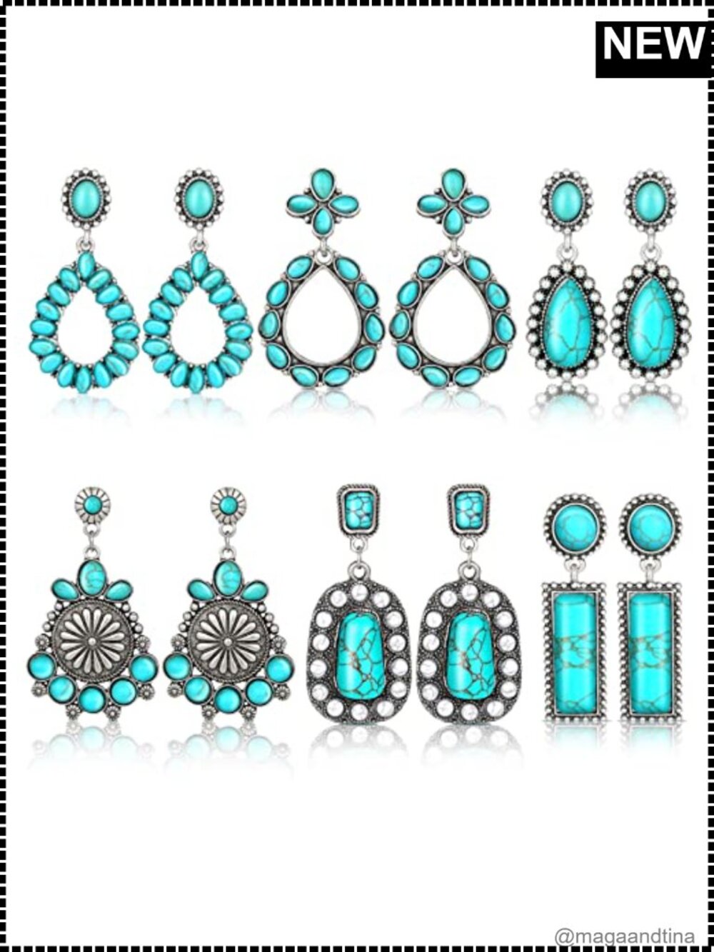 6 Pairs Western Cowgirl Teardrop Dangle Turquoise Earrings for Women